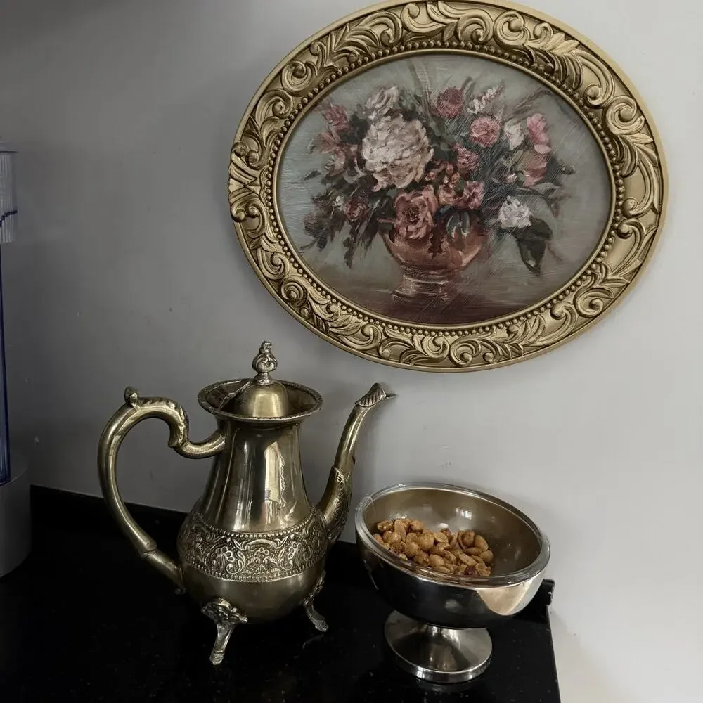 Vintage Ornate Brass Coffee Tea Pot Footed Floral Embossed Decorative Ewer